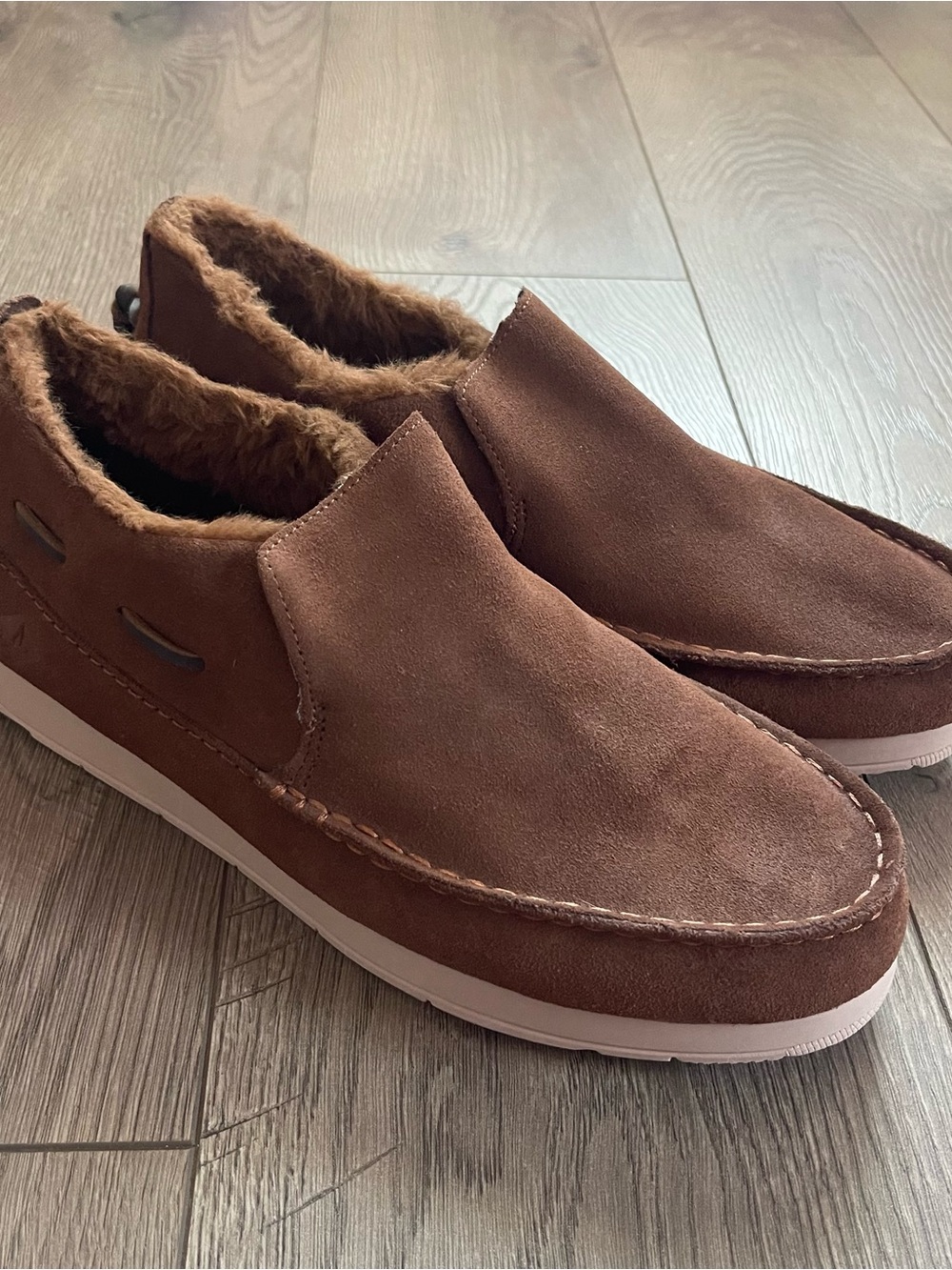 Sperry Moc-Sider Brown Suede Faux Fur Fleece Men’s 10.5 Slip On Shoes